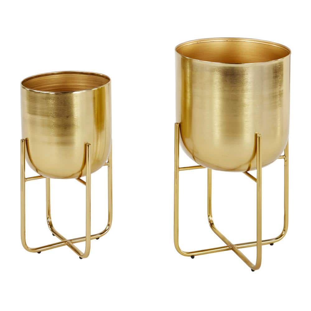 Gold Brushed Dome Metal Planter Set with Stands
