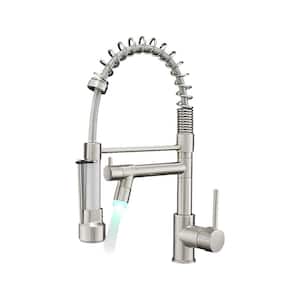 Single Hole Double Handle Pull Down Sprayer Kitchen Faucet with LED Light in Brushed Nickel