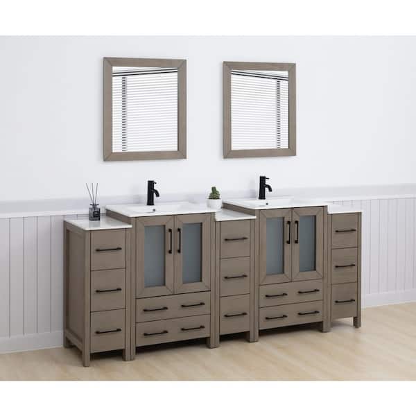84 in. W x 18.1 in. D x 35.8 in. H Double Basin Driftwood Gray Bath Vanity with White Ceramic Top and Mirror