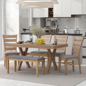Retro 6-Piece Natural Wood Wash Wood Dining Table Set with 4 Upholstered Chairs and Bench(Seats 5-6)