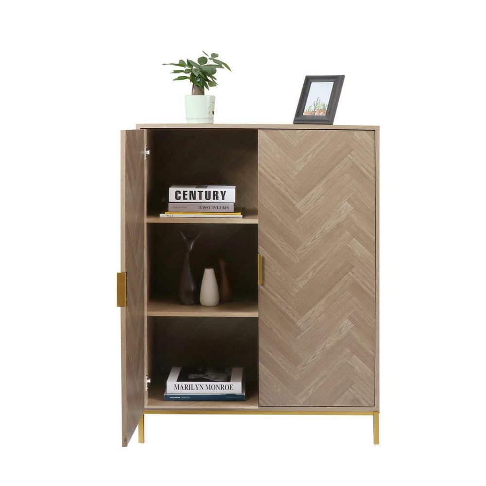 Natural Oak Herringbone Pattern 2-Door Accent Cabinet with Gold Base