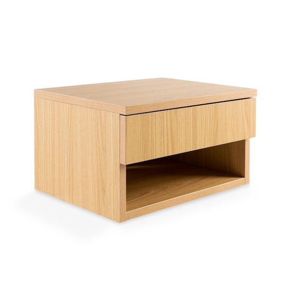 Ettore Light Oak 15.71 in. Mid-Century Modern Floating Wall Mounted Nightstand with Soft-Close Drawer and Cable Hole