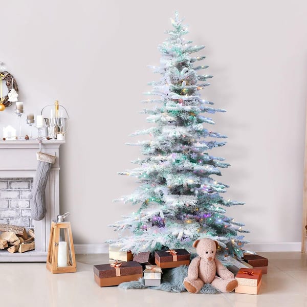 Fraser Hill Farm 6.5 ft. Pine Valley Flocked Artificial Christmas Tree, w/Smart Multi-Color Clear LED Lights, Remote, Easy Connect