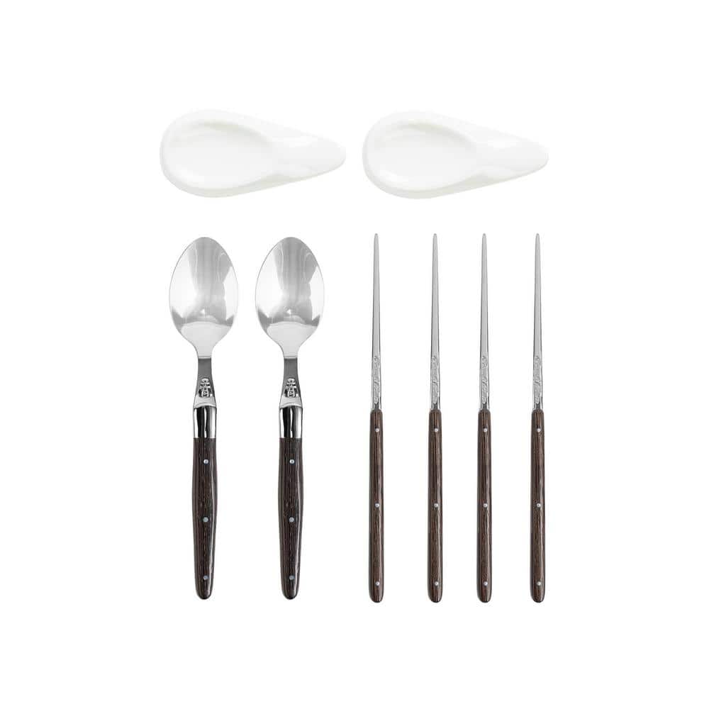 French Home Wenge Wood Chopsticks, Laguiole Spoons, and Ceramic Rests, Set 