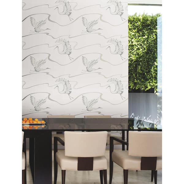 60.75 sq.ft. Silver Soaring Cranes Wallpaper