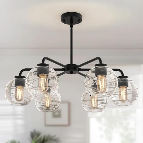 28 in. 6-Light Black Modern Semi-Flush Mount Pendant Lighting, Adjustable Height with Glass Shades for Dining Room