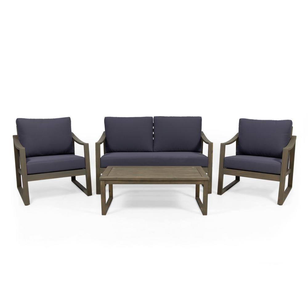 Noble House Samwell Grey 4Piece Wood Patio Conversation Set with Dark Grey Cushions 82999 The