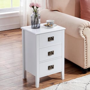 Nightstands End/Side Tables for Living Room Bedside with Three Storage Drawer, Vintage Accent Furniture，White