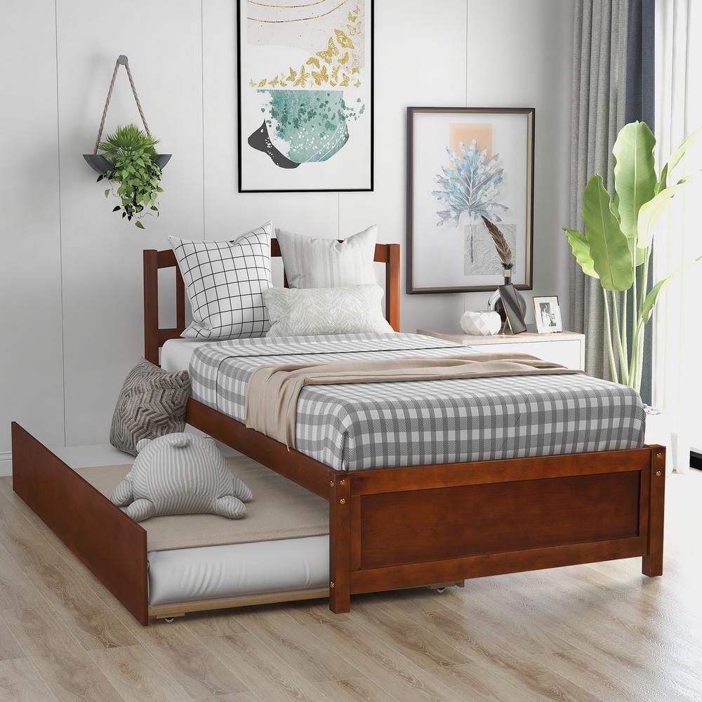 Harper & Bright Designs 41.7 in. W Walnut and Brown Wood Frame Twin Size Platform Bed with Trundle