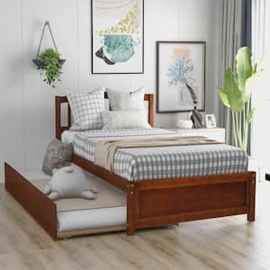 41.7 in. W Walnut and Brown Wood Frame Twin Size Platform Bed with Trundle