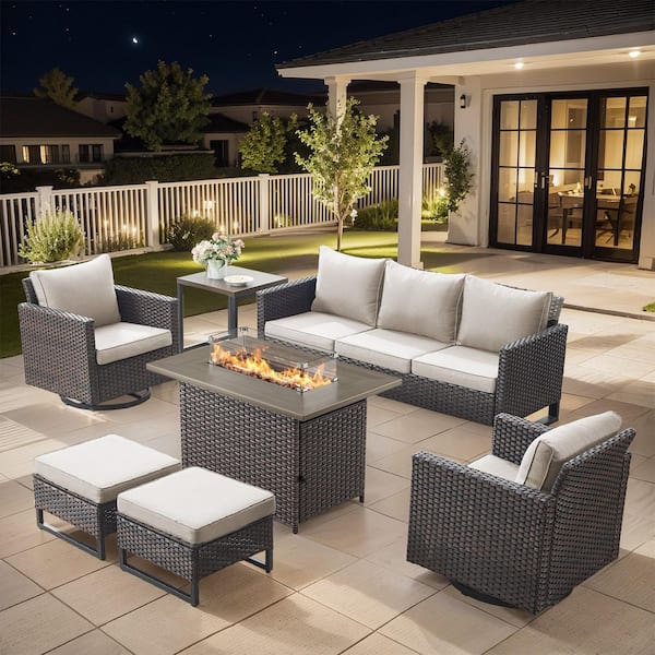 U-Frame 7-Piece Brown Wicker Fire Pit Conversation Set with Olefin Beige Cushions and Swivel Glider Chairs/Couch