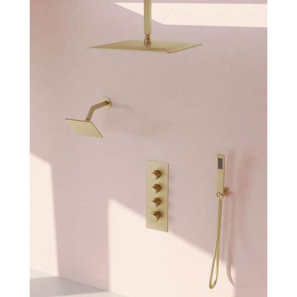 16 and 6 in. Thermostatic 7-Spray Ceiling Mount Dual Fixed and Handheld Shower Head 2.5 GPM in Brushed Gold with Valve