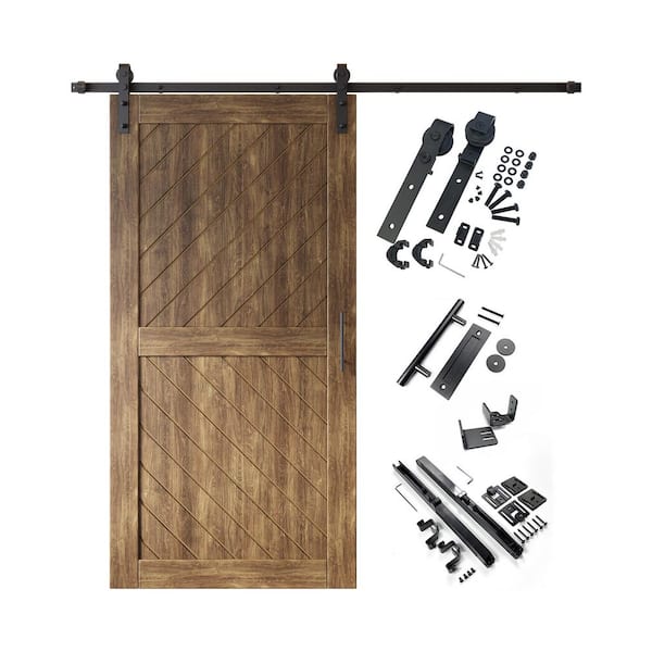 HOMACER XT3 32 in. x 80 in. C-Panel Dark Walnut Slanted Stripe Design Solid Pine Wood Sliding Barn Door with Hardware Kit