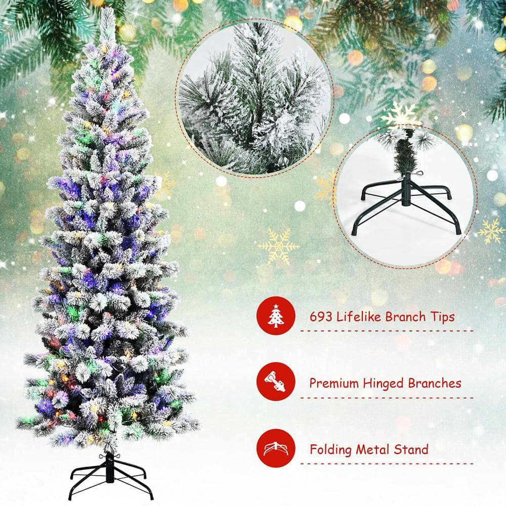 7.5 ft Snow Flocked Pine Christmas Tree with Multicolor LED Lights