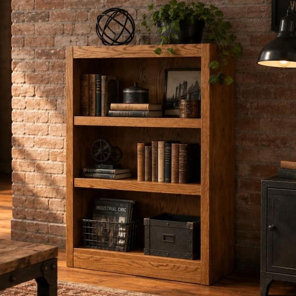 36 in. Dry Oak Wood 3-shelf Standard Bookcase with Adjustable Shelves