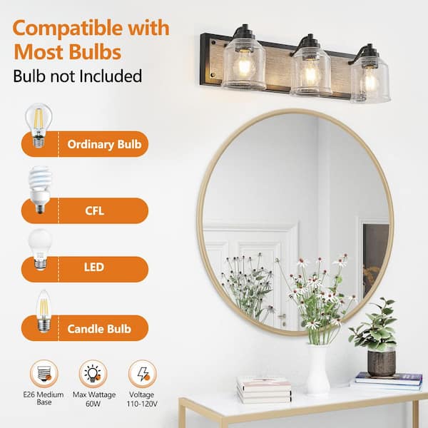 23 in. W 3 Light Farmhouse Black Vanity Light Fixture with Clear Seeded Glass Shades, E26, No Bulbs Included