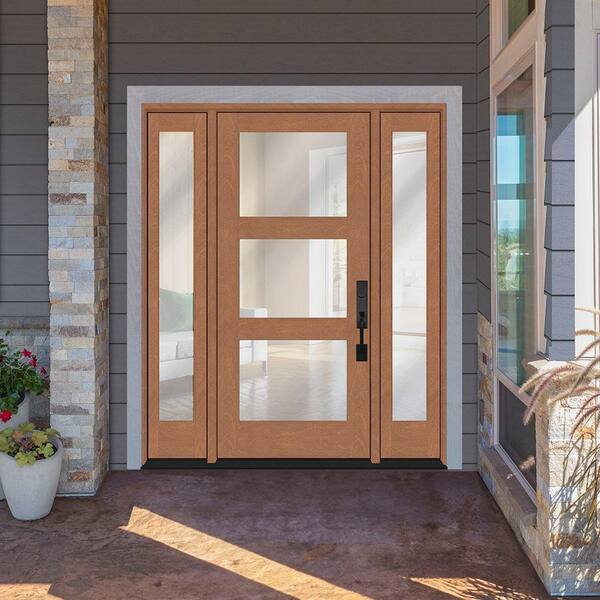 Regency 64 in. x 80 in. Modern 3Lite Equal Clear Glass LHIS AutumWt Mahogany Fiberglass Prehung Front Door w/Db 12 in.SL