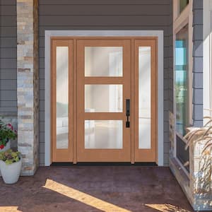 Regency 64" x 80" Modern 3 Lite Equal Clear Glass RHOS AutumnWt Mahogany Fiberglass Prehung Front Door w/Dbl 12 in. SL