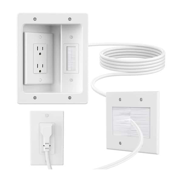 In Wall Cable Concealer Kit Recessed Outlet Box Brush Wall Plate Pure White for TV HDMI Cable Management 1 Kit