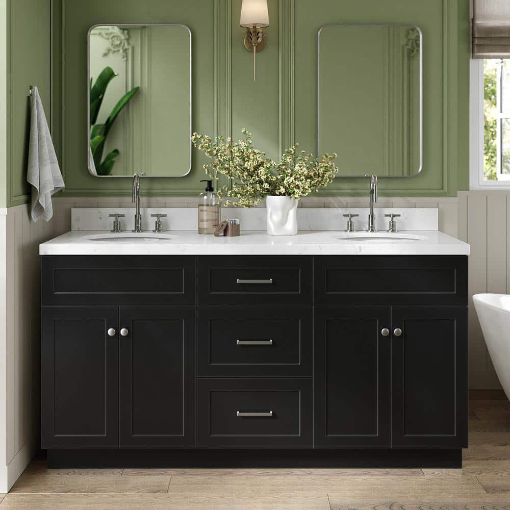 Hamlet 66.25 in. W x 22 in. D x 36 in. H Double Sink Freestanding Bath Vanity in Black with Carrara White Quartz Top -  ARIEL, F066DCQOVOBLK