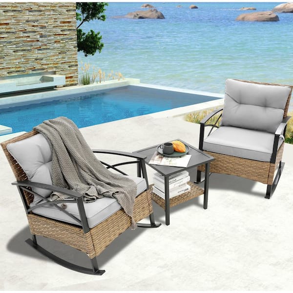 SUNRINX 3-Piece Wicker Outdoor Bistro Set with Grey Cushions