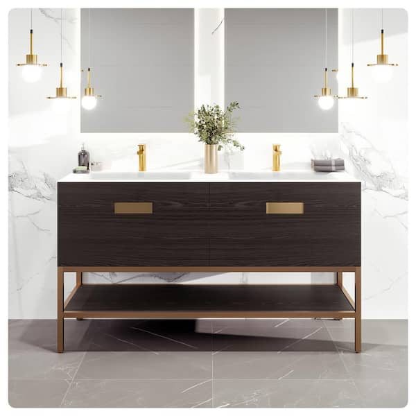 Eviva Iris 59 in. W. x 22 in. D x 33.5 in. H Gray Oak Freestanding Double Bath Vanity with White Solid Surface Integrated Top