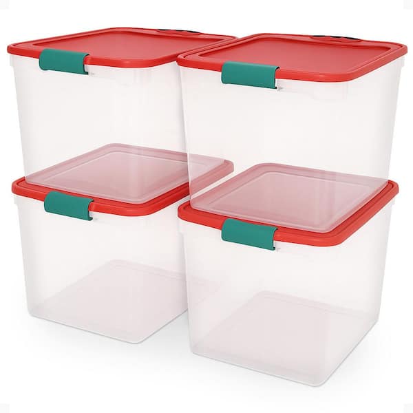 31 Quart Holiday Plastic Storage Container Bin with Latching Lid, 4 Pack
