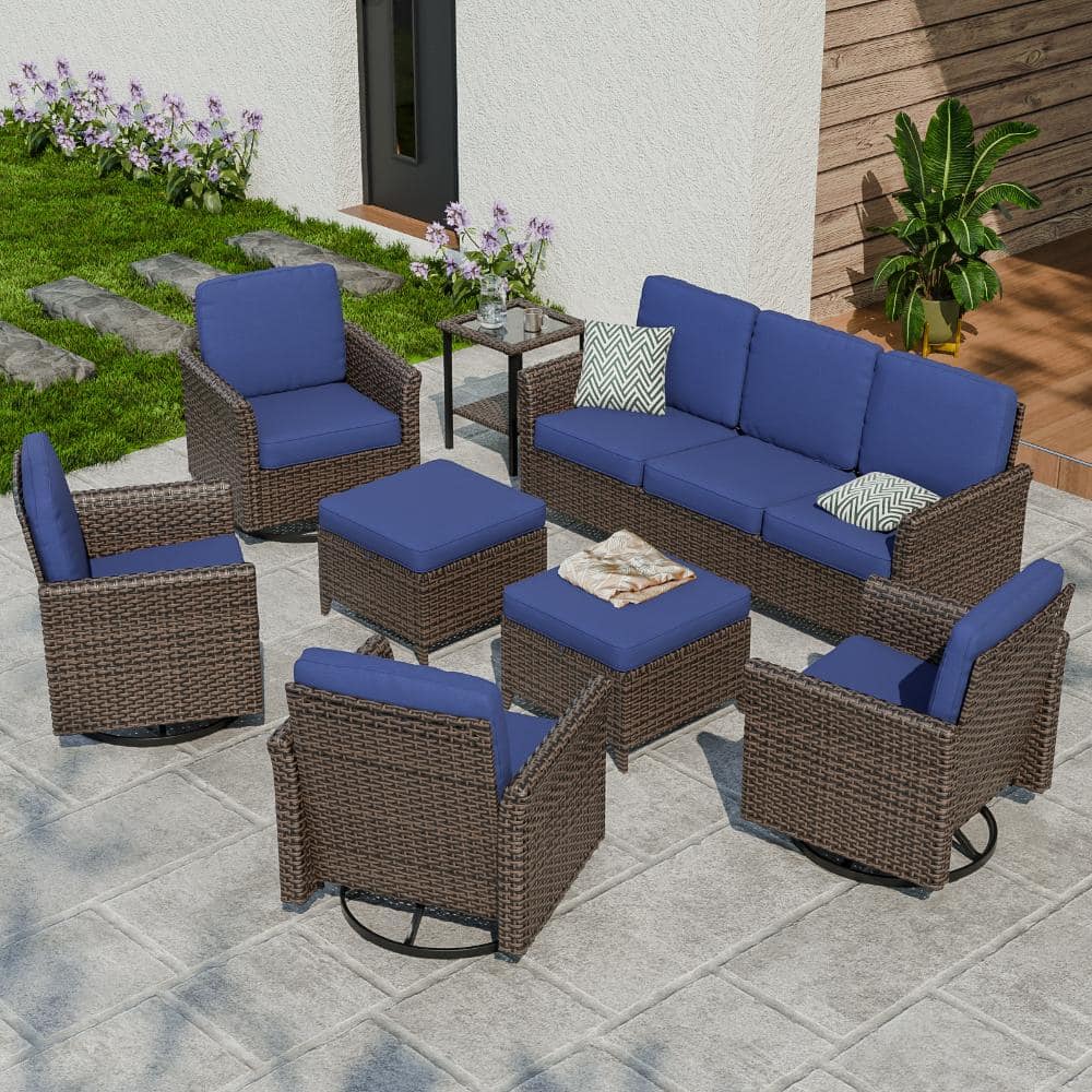 Patio Wicker Conversation Set Furniture Set 8 PCS w/ Ottoman, Swivel Chair, 3-Seat Sofa & Side Table for Backyard, Blue price history on PriceWatchPro