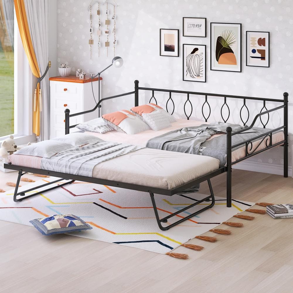 Harper & Bright Designs Black Full Size Metal Daybed With Twin Size ...