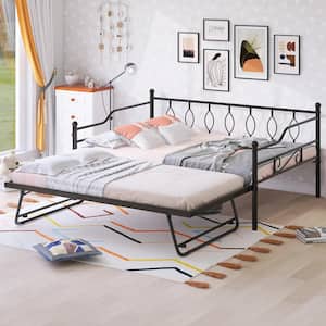 Black Full Size Metal Daybed with Twin Size Adjustable Portable Folding Trundle