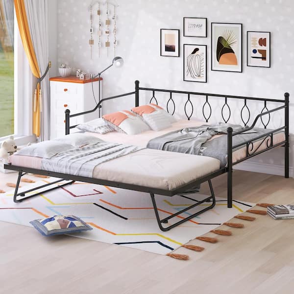 Harper & Bright Designs Black Full Size Metal Daybed with Twin Size Adjustable Portable Folding Trundle