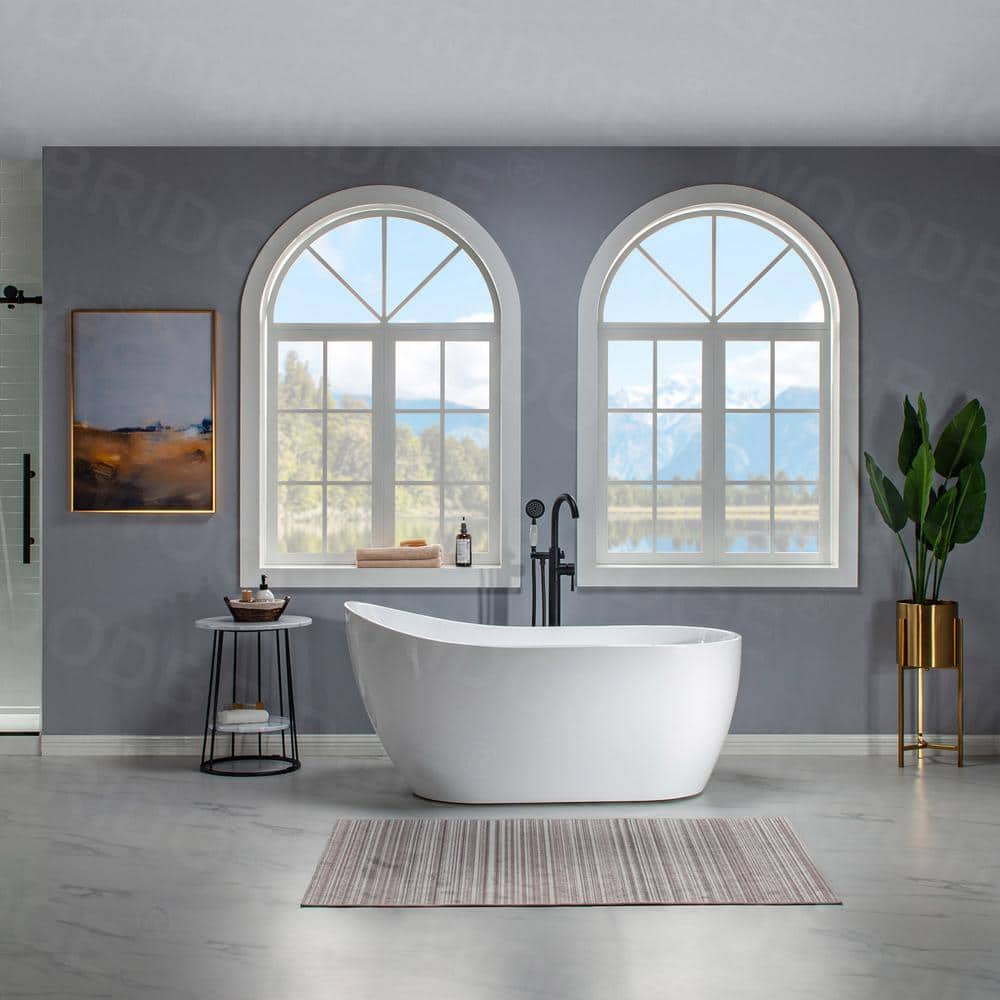59" White Acrylic Freestanding Single Slipper Bathtub with Brushed Nickel Trim
