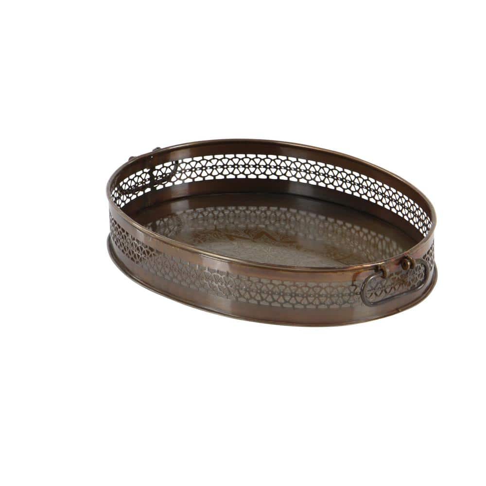 Brown Metal Oval Decorative Trays with Cut Out Design, Set of 2