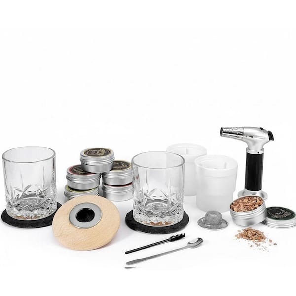 Natural Wood Whiskey Cocktail Smoker Kit with Torch, Stone Cubes, Ice Molds, 12 Wood Chips, Bar Tool (No Butane)