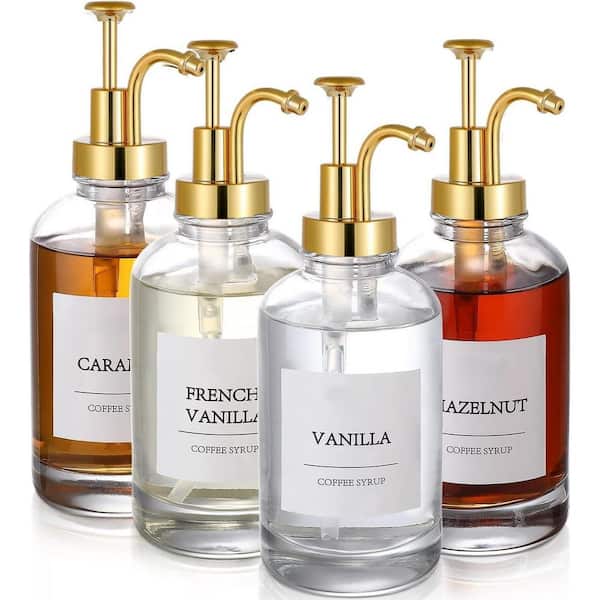 4-Piece Gold Plastic Coffee Syrup Pump Dispenser Set with Labels for Coffee Bar, Home Kitchen and Cafe Drink Preparation