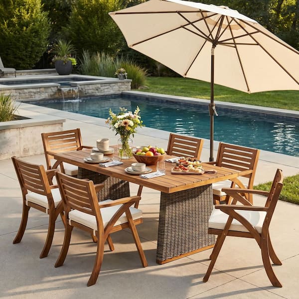 faux wood dining set patio umbrella Lark 7 Piece Outdoor Patio Table Set with 4 Synthetic Teak Stackable  Chairs, Lark 3Lark 5" Square Table & Umbrella with Base