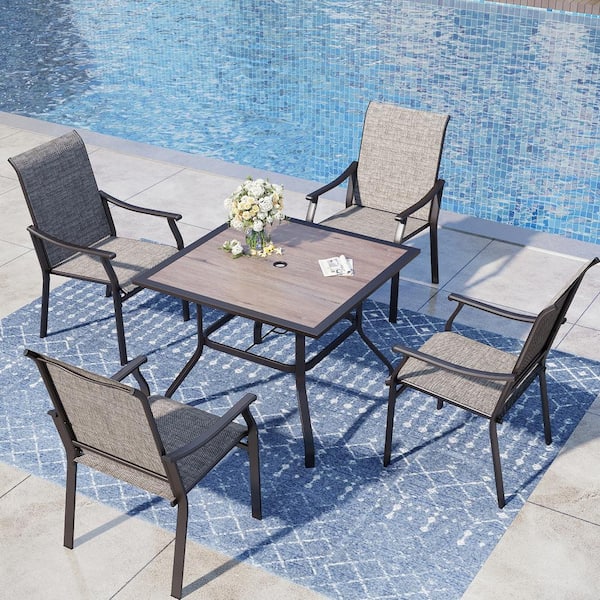 PHI VILLA Black 5-Piece Metal Wood-Look Square Table Outdoor Patio Dining Set with Textilene Chairs