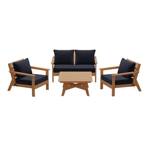 Birchwood Teak Arrangeable 5-Piece Outdoor Patio HDPE Deep Seating Conversation Lounge Set w/ Navy Blue Cushions