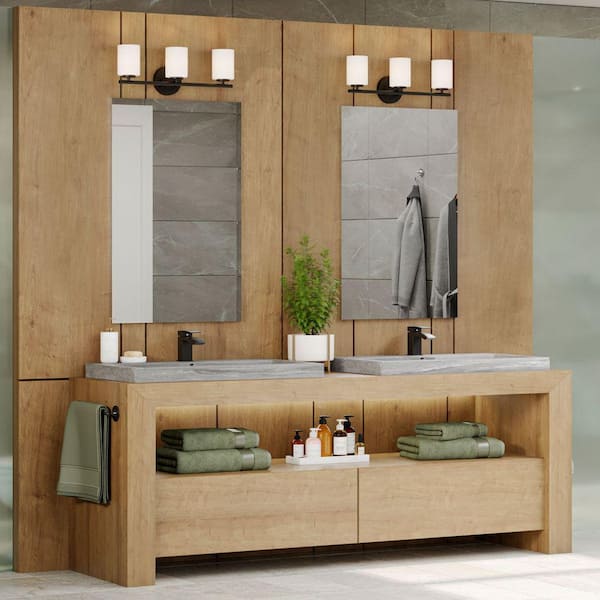 Replay Collection 22 in. 3-Light Black Etched Glass Modern Bathroom Vanity Light