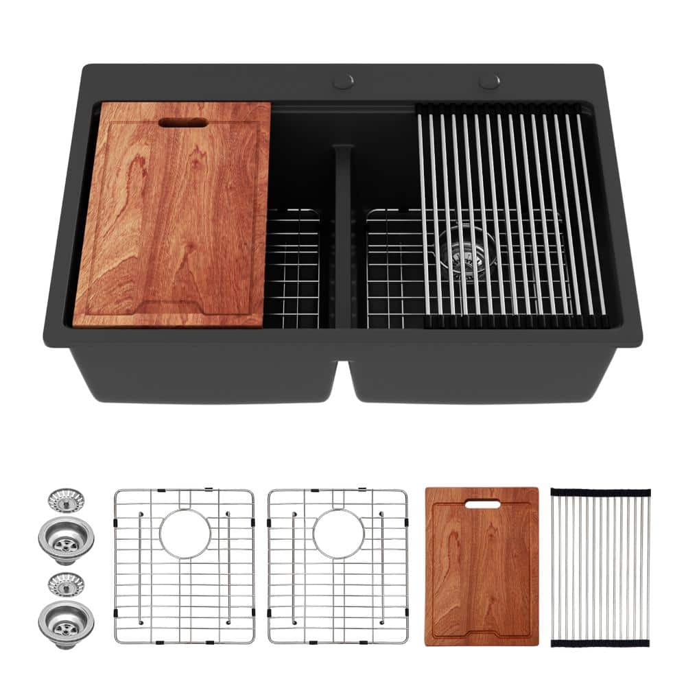 33 in Drop-in Quartz/Granite Composite 50/50 Double Bowl Workstation Kitchen Sink Low Divide in Black With Accessories price history on PriceWatchPro