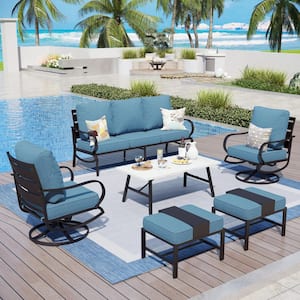 Metal Slatted 7-Seat 6-Piece Outdoor Patio Conversation Set with Denim Blue Cushions and Table with Marble Pattern Top