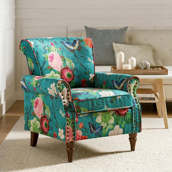 JAYDEN CREATION Auria Traditional Blue Polyester Accent Arm Chair with Nailhead Trim and Rolled Arms and Solid Wood Legs