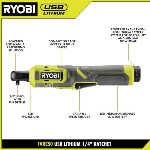 RYOBI - USB Lithium 1/4 in. Ratchet Kit with 2.0 Ah Battery and USB Charging Cable with USB Lithium 2.0 Ah Battery