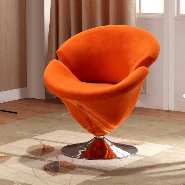 Tulip Modern Orange and Polished Chrome Velvet Upholstered Swivel Accent Occasional Chair