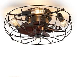20 in. Indoor 4-Light Black Flush Mount Cage Ceiling Fan with Light and Remote Farmhouse Enclosed Ceiling Fan