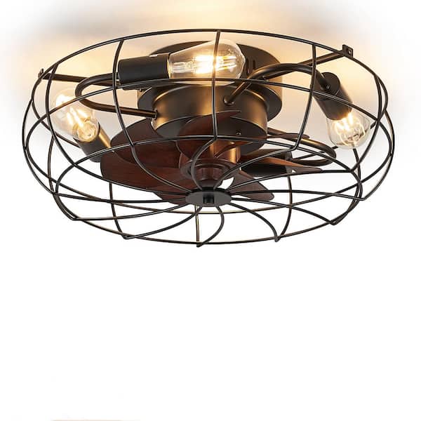 HINNIXY 20 in. Indoor Matte Black Enclosed Flush Mount Industrial Modern Ceiling Fan with Light Kit and Remote Control