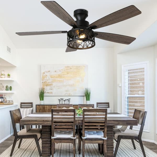 52 in. Standard Black Farmhouse Ceiling Fan with Light and Remote, Flush Mount Industrial Caged DC Motor Ceiling Fan