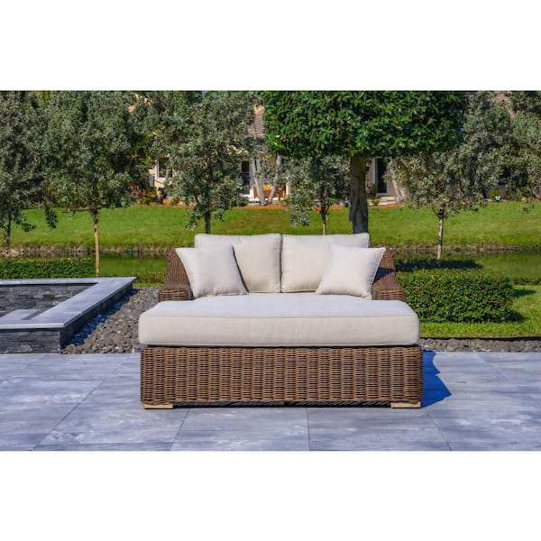 Outsy Milo Brown 1-Piece Wicker Aluminum Frame Extra Large Outdoor Double Chaise Lounge with Sunbrella Cushions