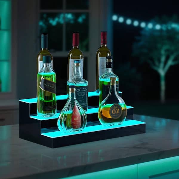7 in. H x 11.8 in. W 15-Bottle Black LED Lighted Liquor Bottle Display 3 Tiers 20 in. Whiskey Rack Supports USB