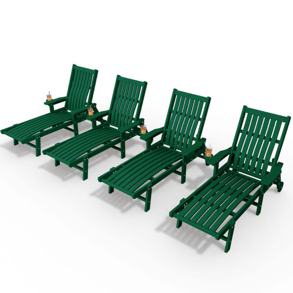 Outdoor HDPE Adjustable Reclining Chaise Lounge Chairs with Wheels and Cup Holders in Green (Set of 4) price history on PriceWatchPro